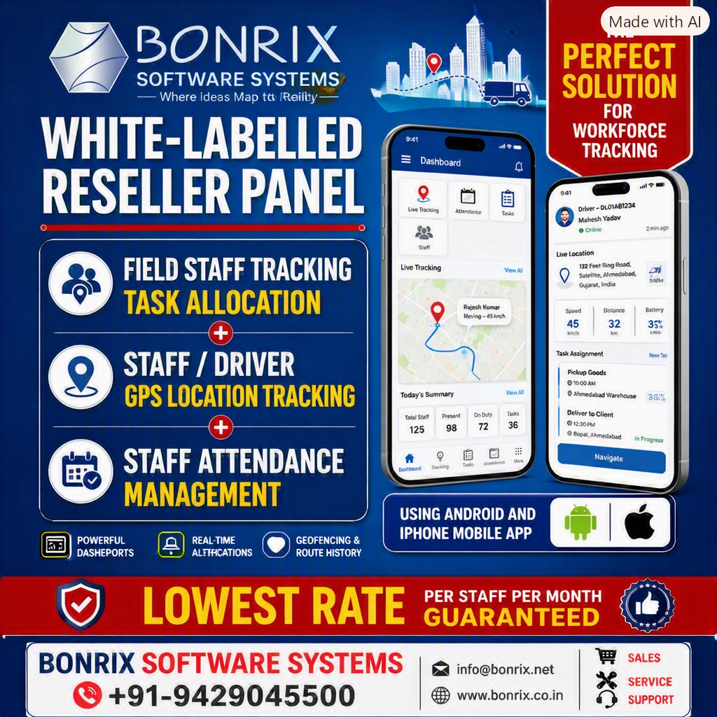Bonrix White-Label Field Staff Tracking: Task Allocation, GPS Tracking & Attendance Management App
                                                                            